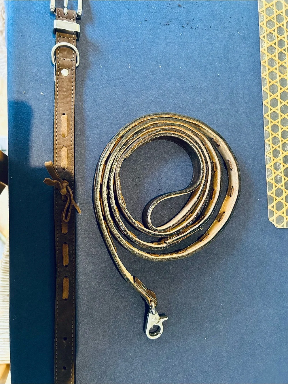 New York Dog Genuine Italian Leather Dog Collar & Leash Set Brown Made in Italy